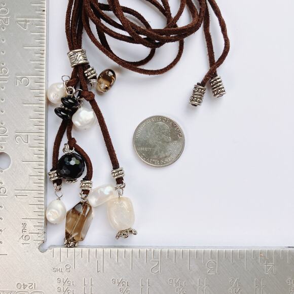 VTG Gemstone Freshwater Pearls Long Necklace Spinel Quartz Tourmaline Suede Boho - Picture 10 of 12